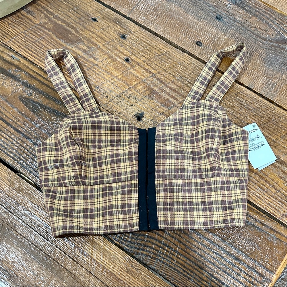 BP Plaid Cropped Bustier Top in Brown and Cream